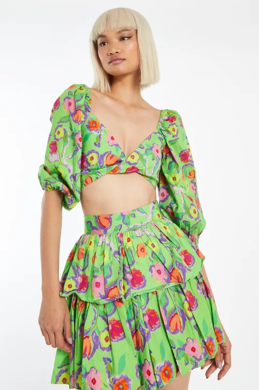 Neon-Green Floral Twist Front Puff Sleeve Crop-Top made by Glamorous