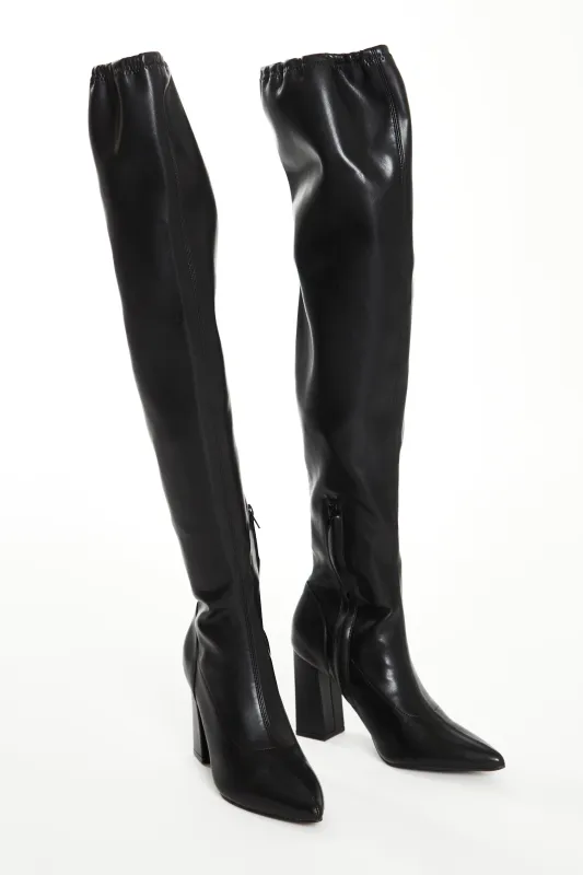 Glamorous Black PU Knee High Block Heel Boots made by Glamorous