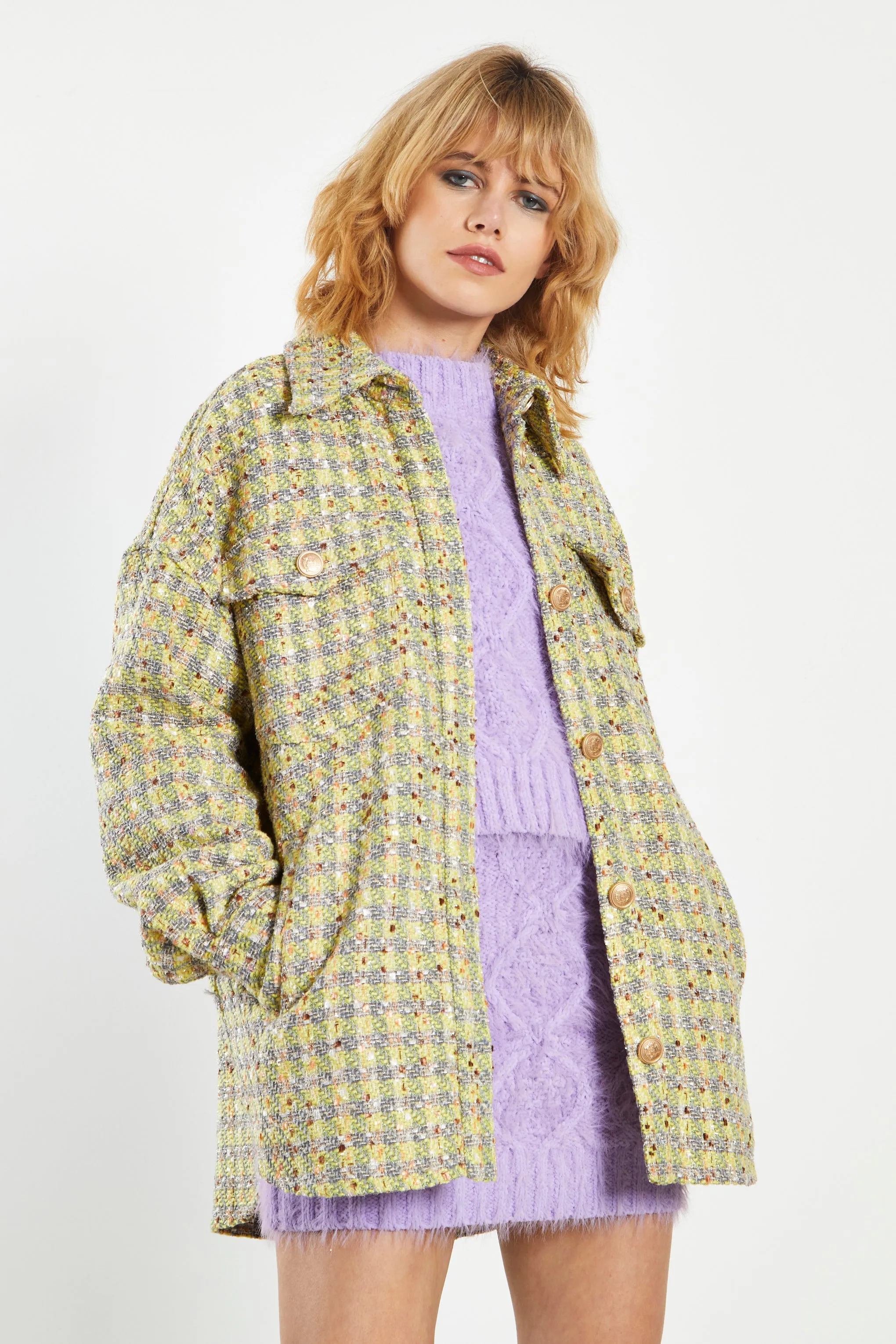 Glamorous Yellow Grey Check Tweed Oversized Shacket sold by Glamorous