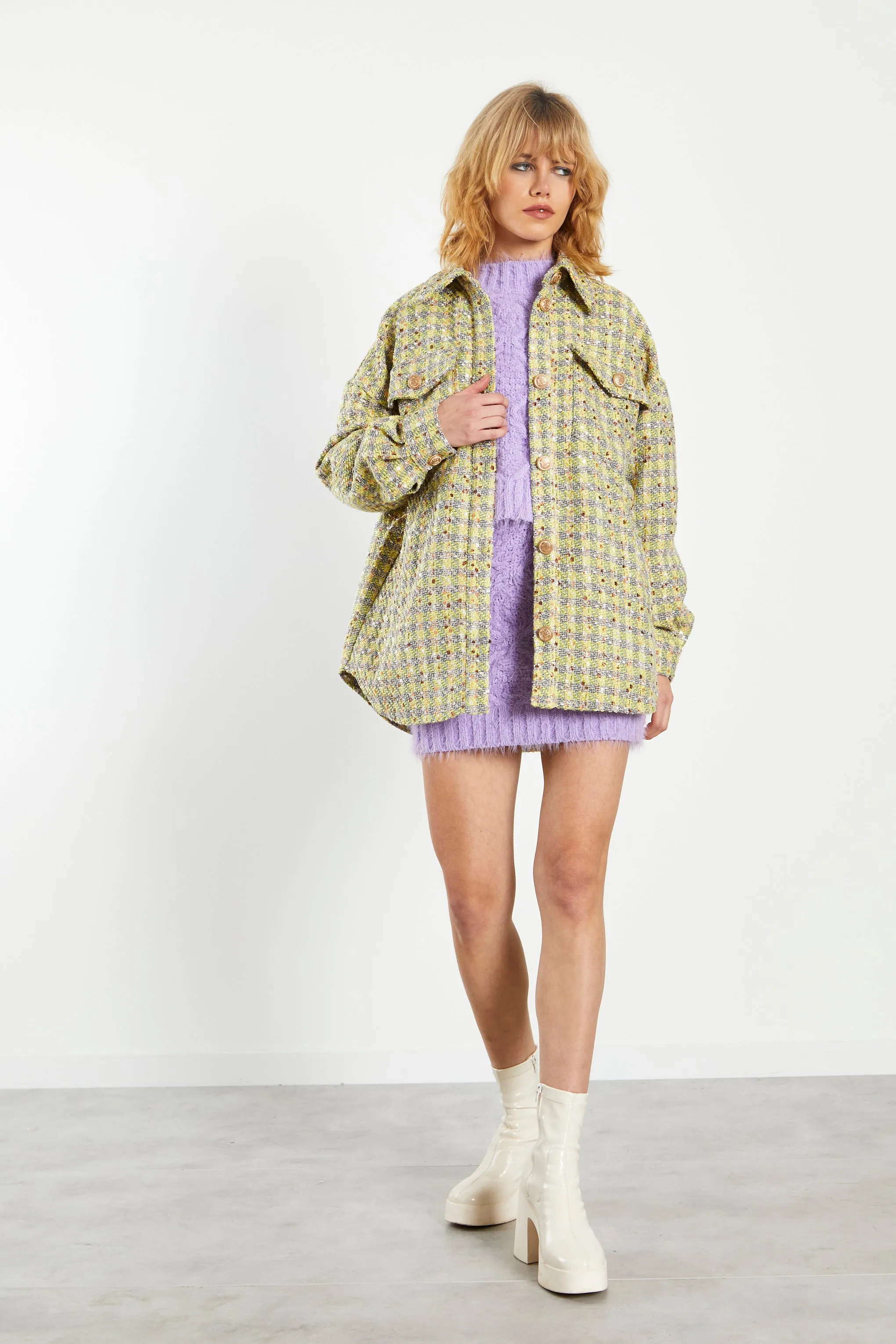 Glamorous Yellow Grey Check Tweed Oversized Shacket sold by Glamorous product image thumbnail 4