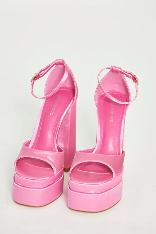 Glamorous Pink Satin Open Toe Platform Heels sold by Glamorous