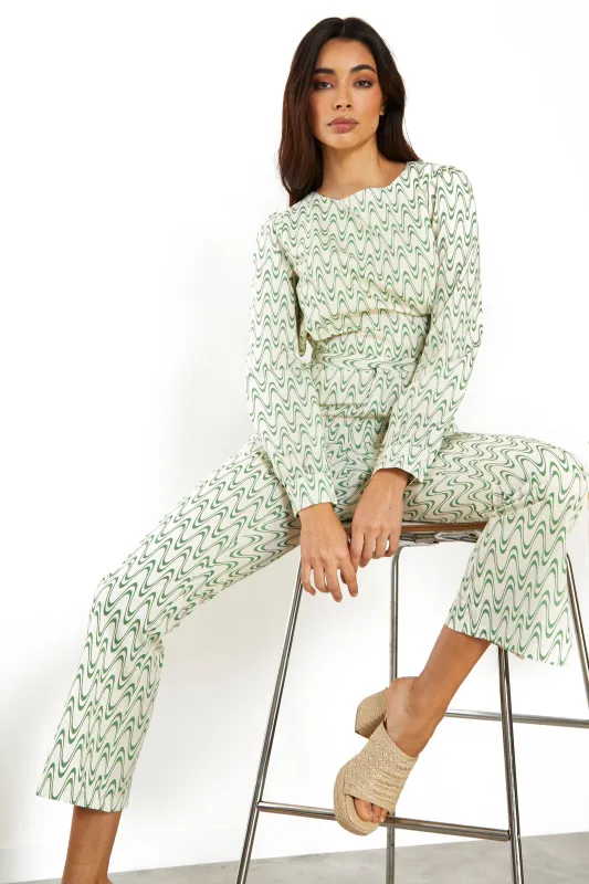 Glamorous Green Retro Wave Backless Long Sleeve Top made by Glamorous