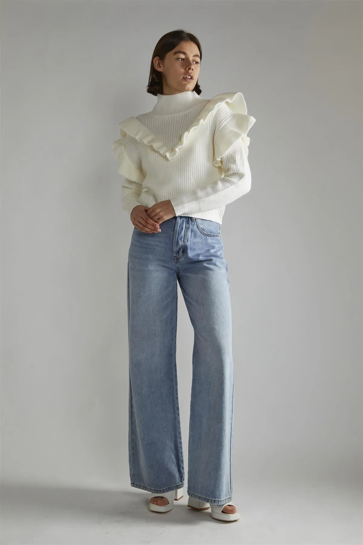 Cream High Neck Jumper with Ruffle Detail sold by Glamorous