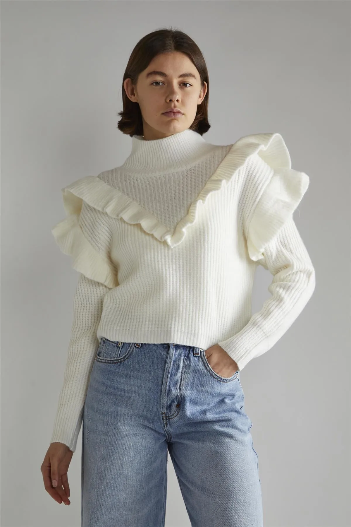 Cream High Neck Jumper with Ruffle Detail sold by Glamorous product image thumbnail 2