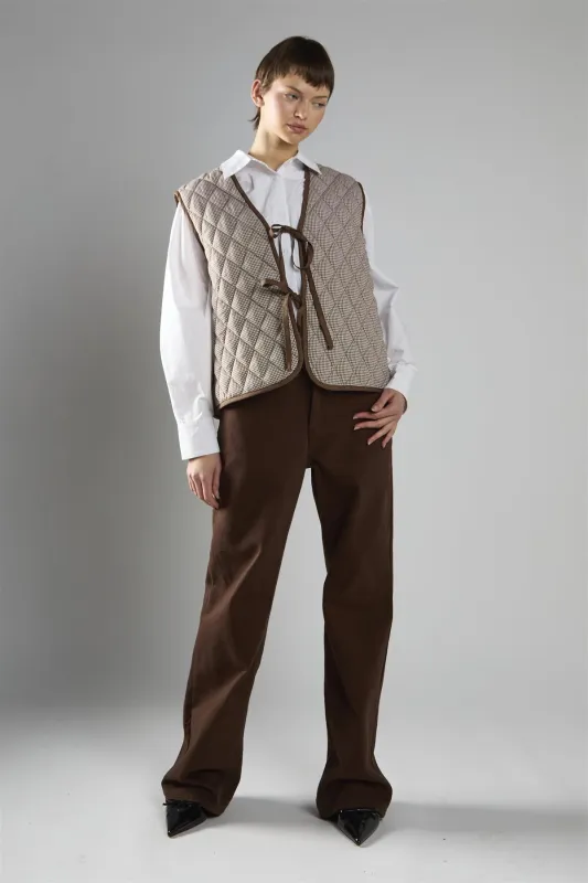 Brown Cream Gingham Quilted Front Tie Gilet sold by Glamorous