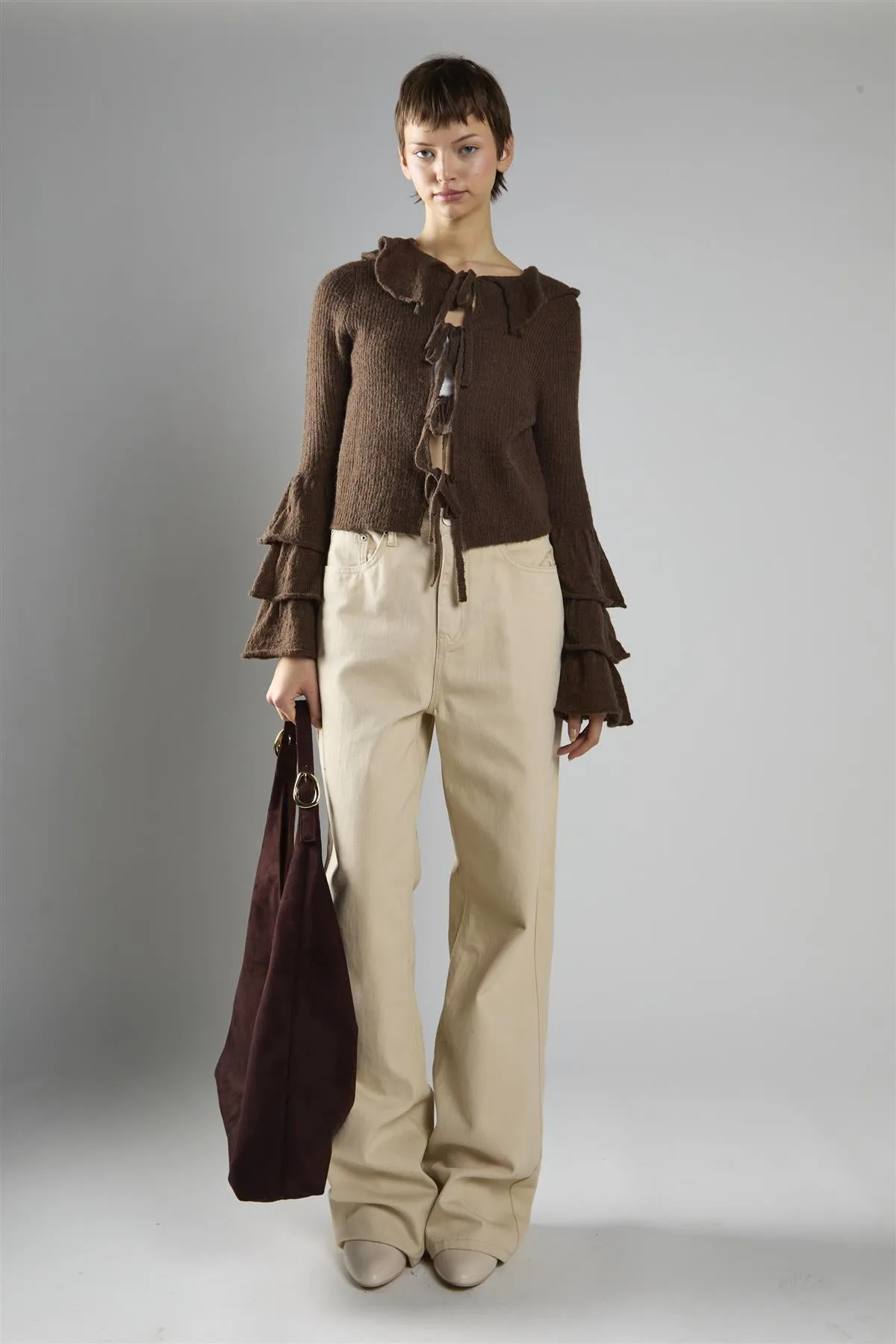 Dark Brown Ruffle Front Tie Long Sleeve Top sold by Glamorous product image thumbnail 5