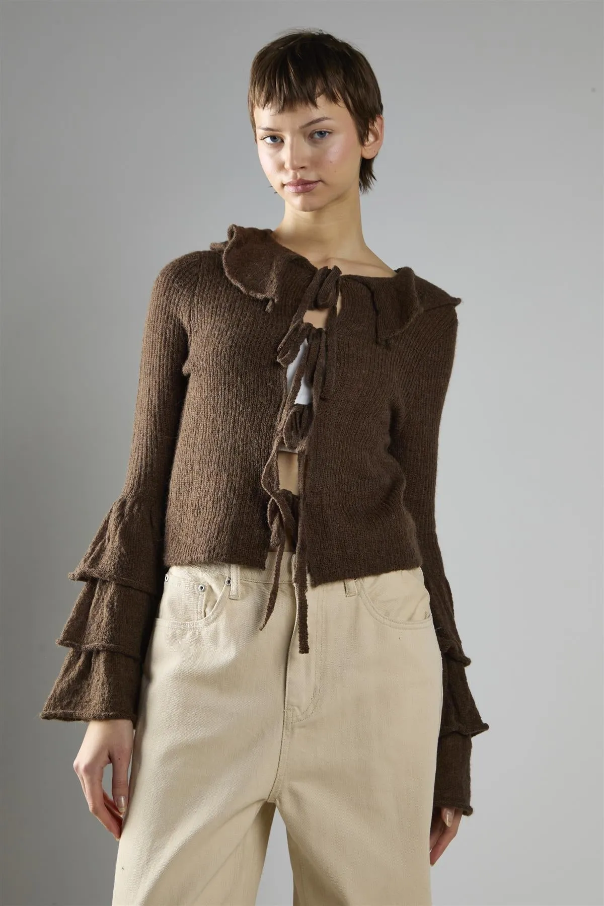 Dark Brown Ruffle Front Tie Long Sleeve Top sold by Glamorous product image thumbnail 3