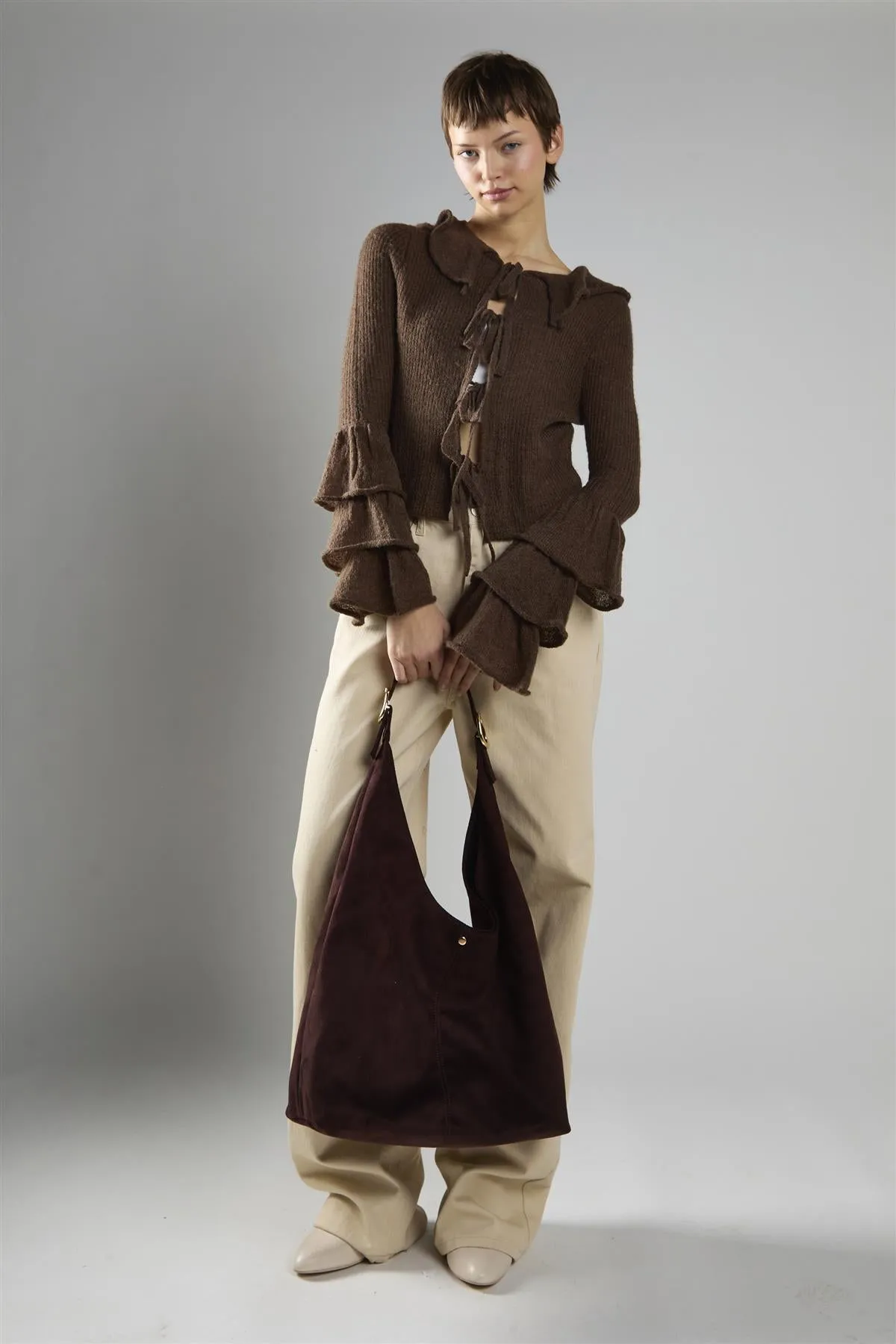 Dark Brown Ruffle Front Tie Long Sleeve Top sold by Glamorous