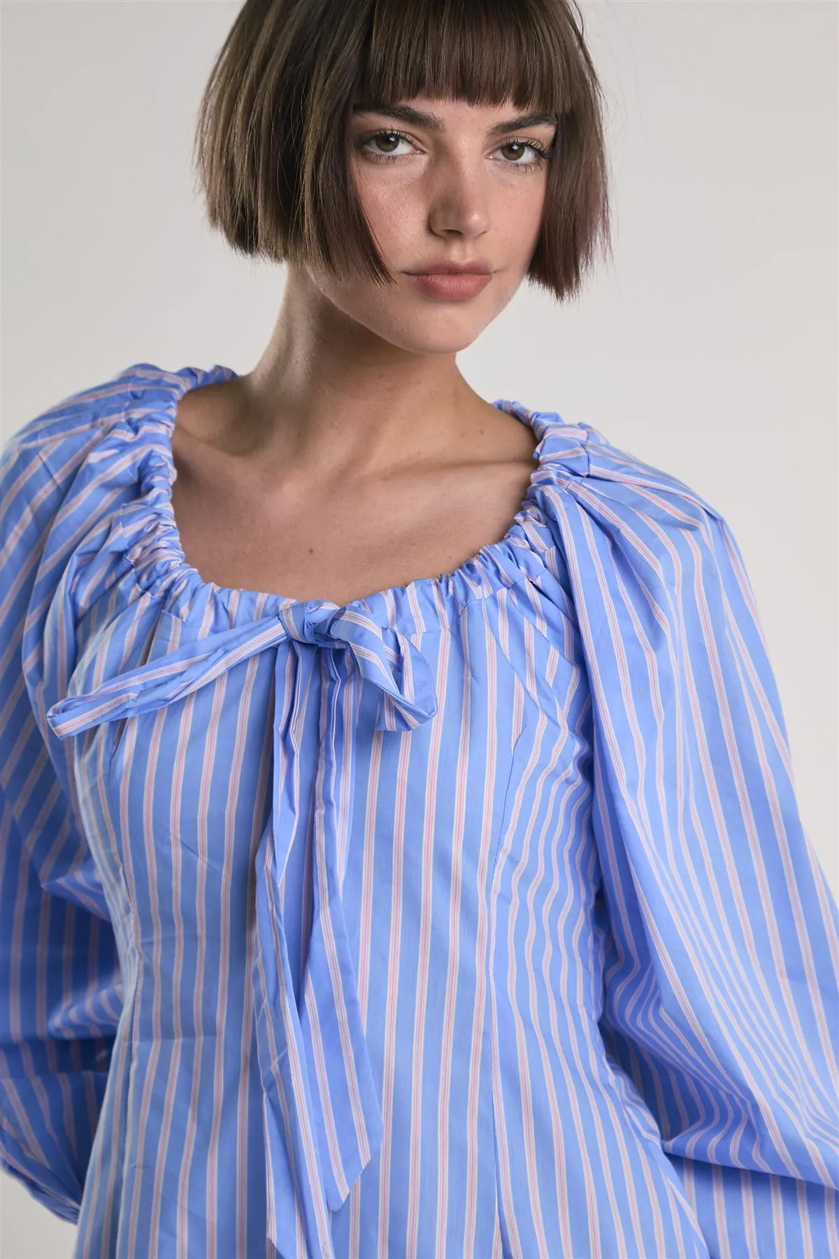 Light-Blue-Pink-Stripe Gathered-Neck Midi-Dress sold by Glamorous product image thumbnail 4