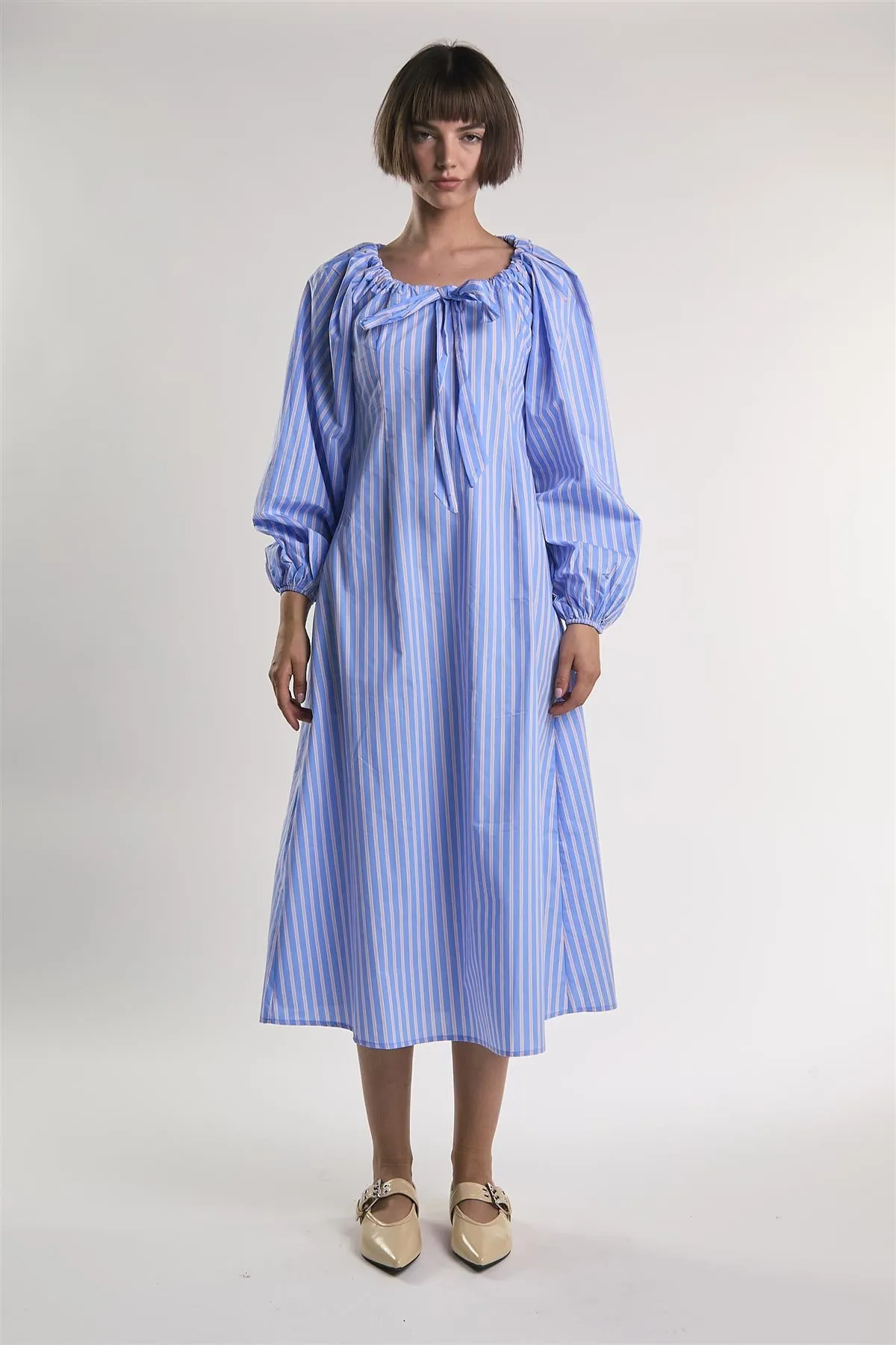 Light-Blue-Pink-Stripe Gathered-Neck Midi-Dress sold by Glamorous product image thumbnail 5