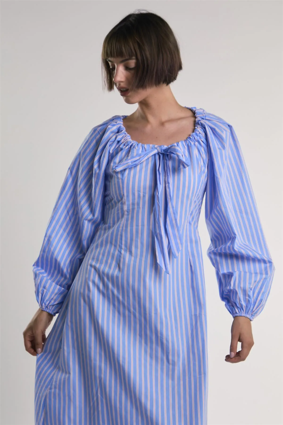 Light-Blue-Pink-Stripe Gathered-Neck Midi-Dress sold by Glamorous product image thumbnail 3