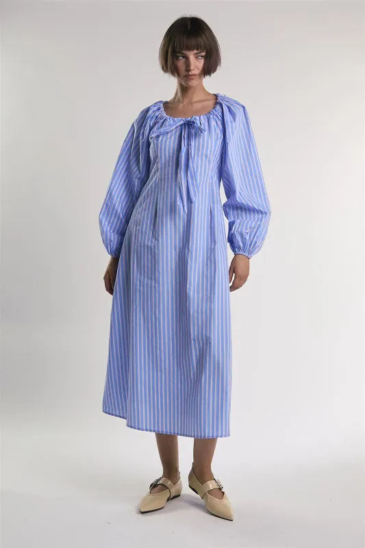 Light-Blue-Pink-Stripe Gathered-Neck Midi-Dress sold by Glamorous