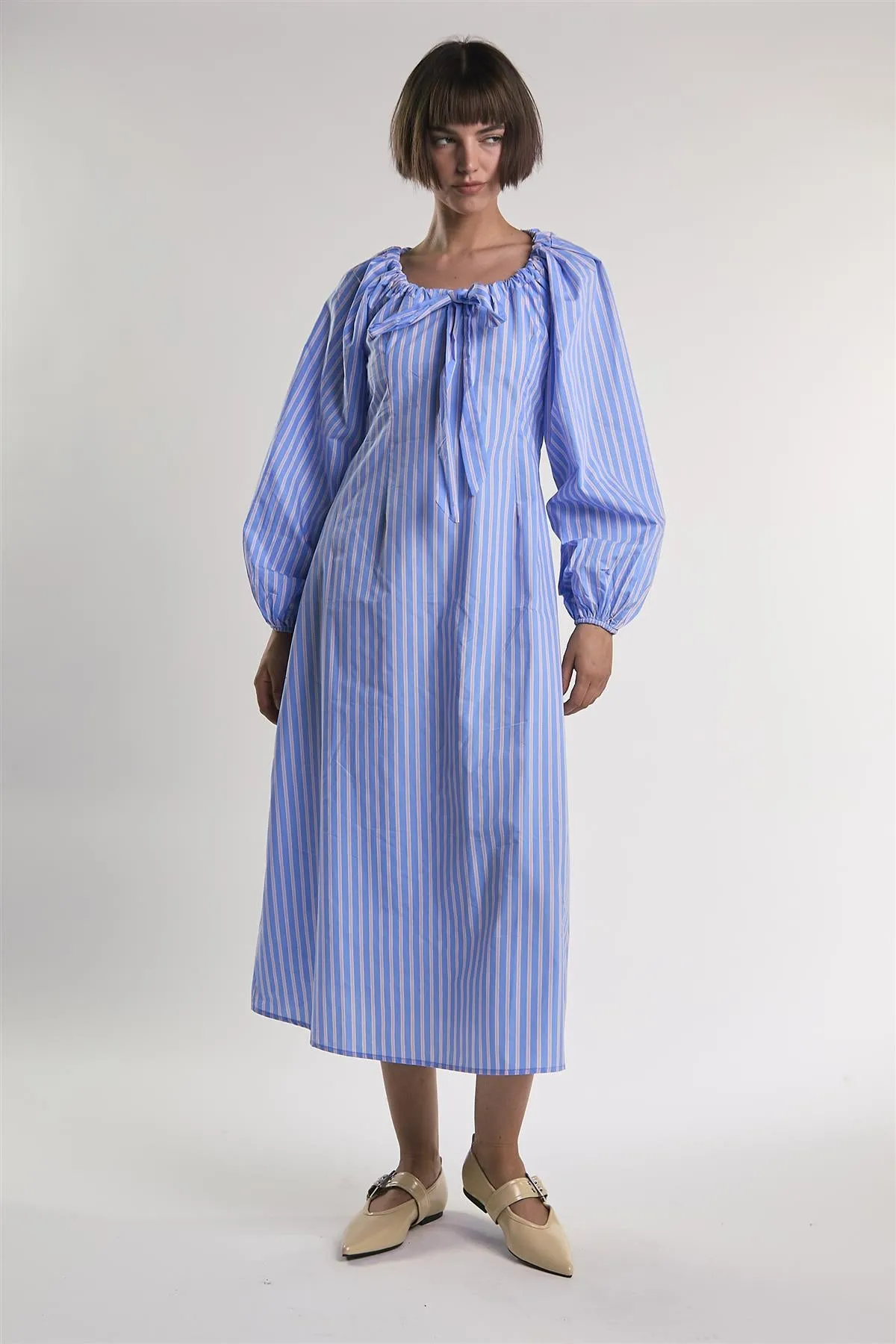 Light-Blue-Pink-Stripe Gathered-Neck Midi-Dress sold by Glamorous