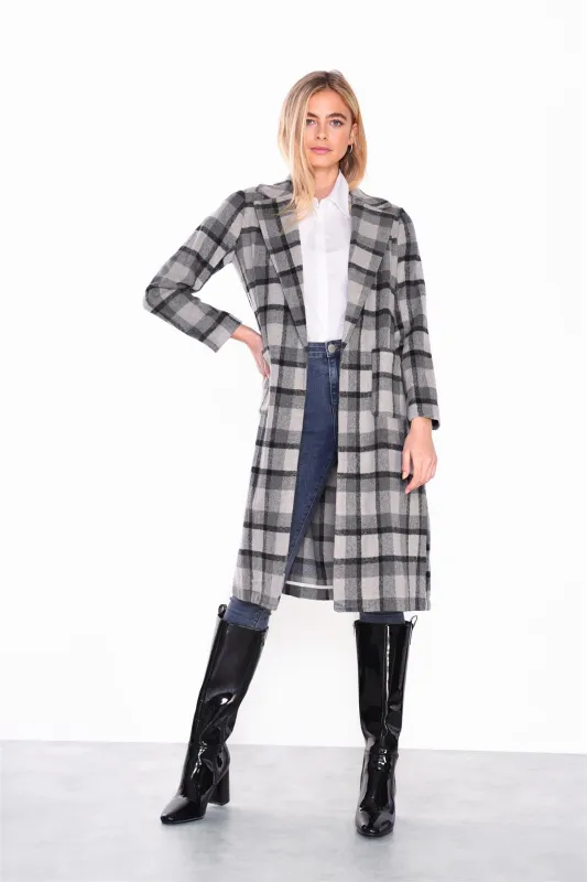 Tonal-Grey Check Collared Over-Coat made by Glamorous