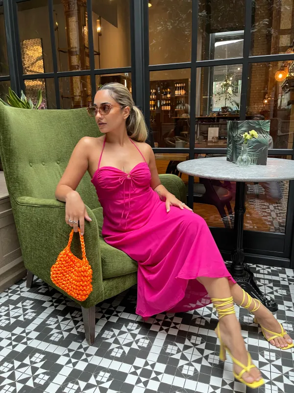 Bright-Pink Gathered-Bust Halterneck Midaxi-Dress sold by Glamorous