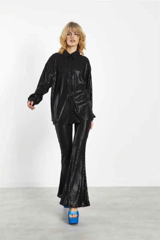 Matt-Black Sequin Collared Long-Sleeve Shirt sold by Glamorous