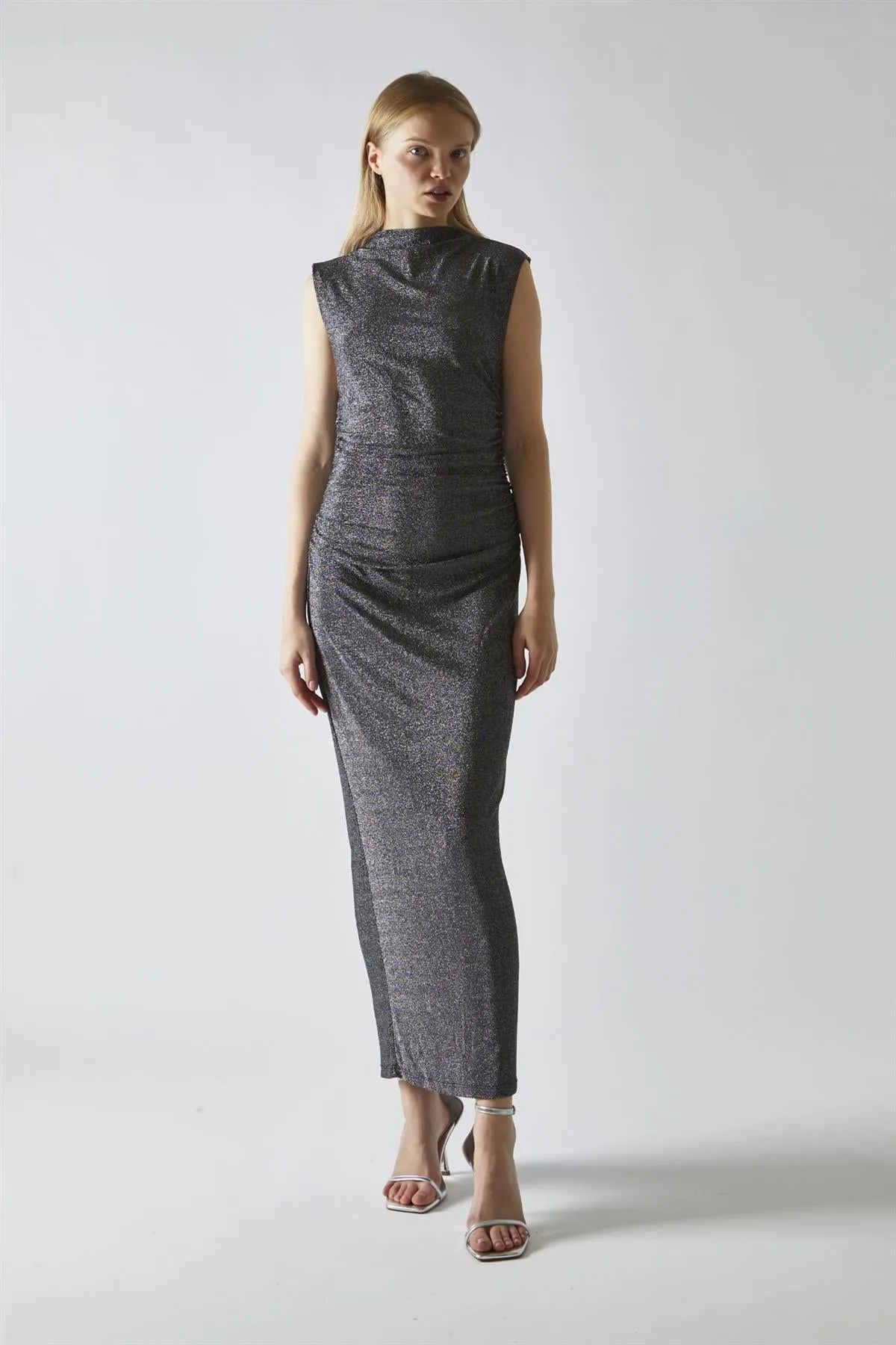 Black-Silver Glitter Ruched Midaxi-Dress sold by Glamorous product image thumbnail 4
