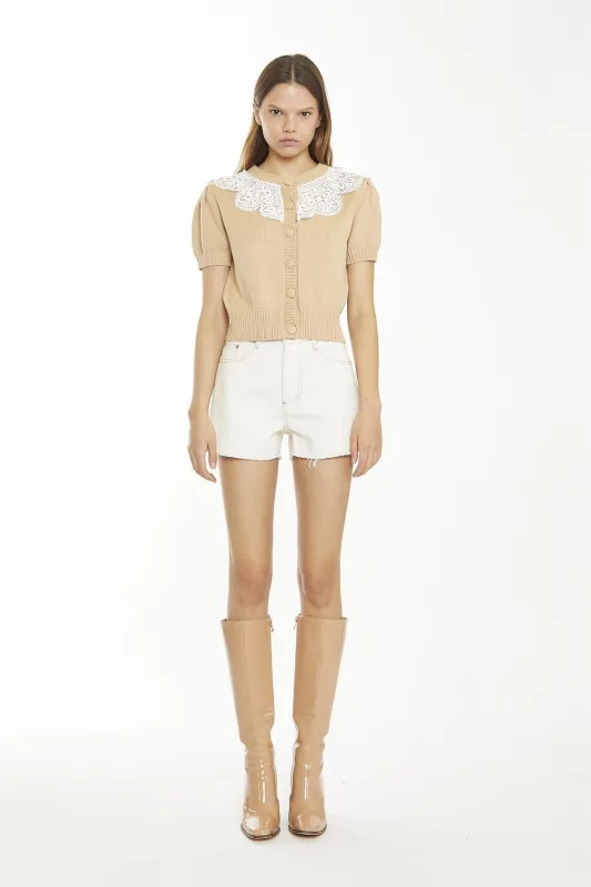 Ecru Raw-Hem High-Waisted-Shorts sold by Glamorous
