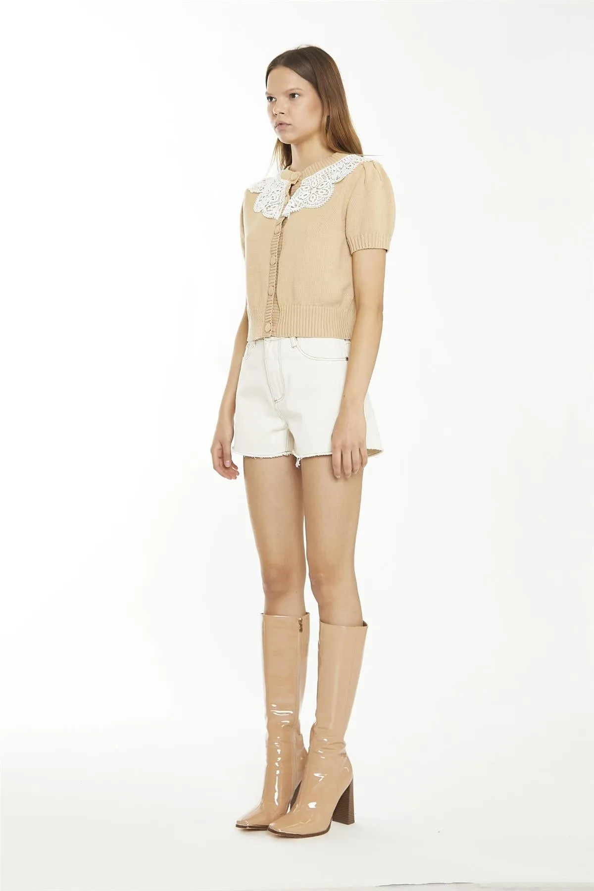 Ecru Raw-Hem High-Waisted-Shorts sold by Glamorous product image thumbnail 3