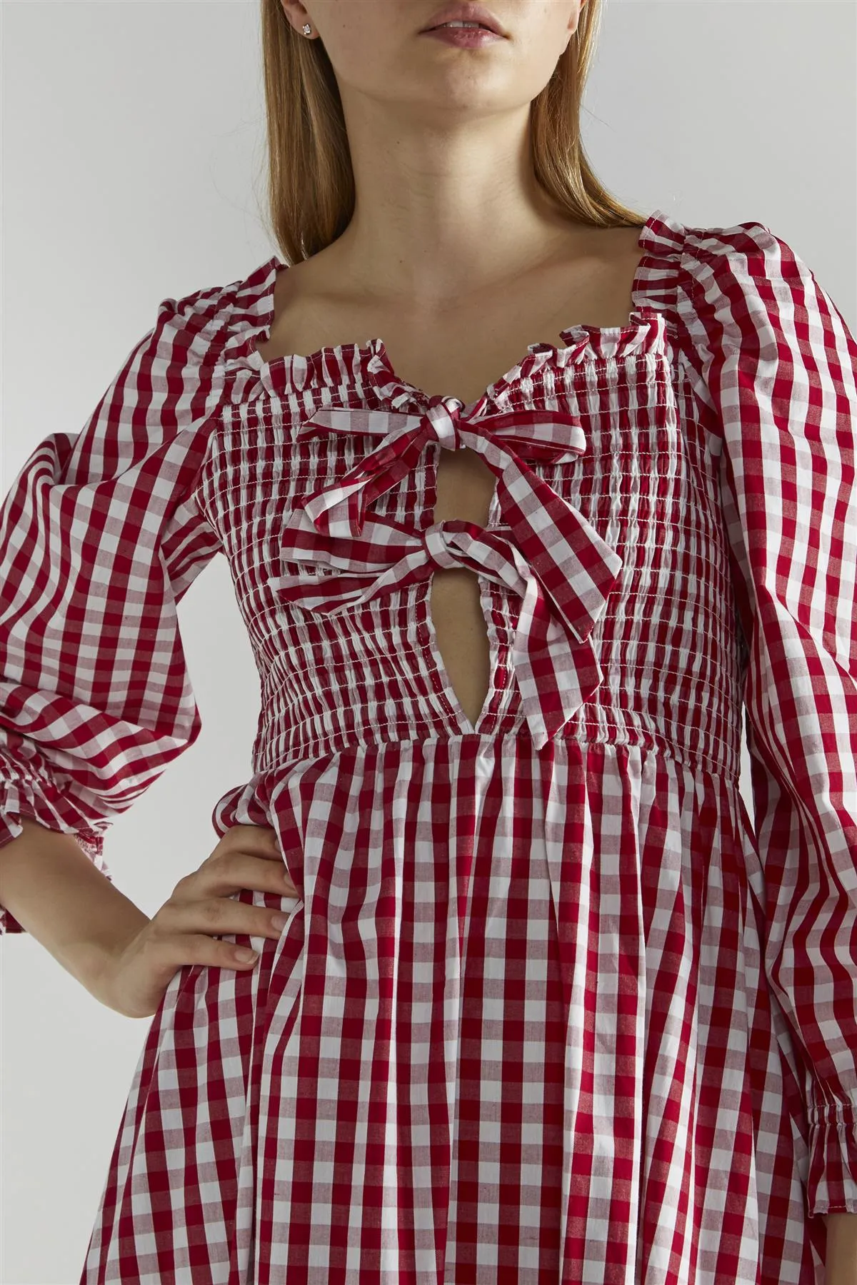 Cherry-Red-Gingham Front-Tie-V-Neck Midaxi-Dress sold by Glamorous product image thumbnail 4