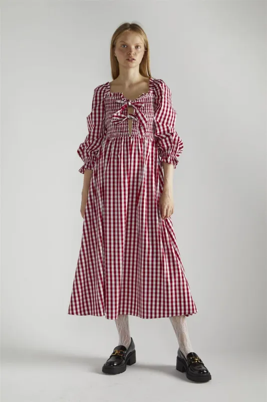 Cherry-Red-Gingham Front-Tie-V-Neck Midaxi-Dress made by Glamorous