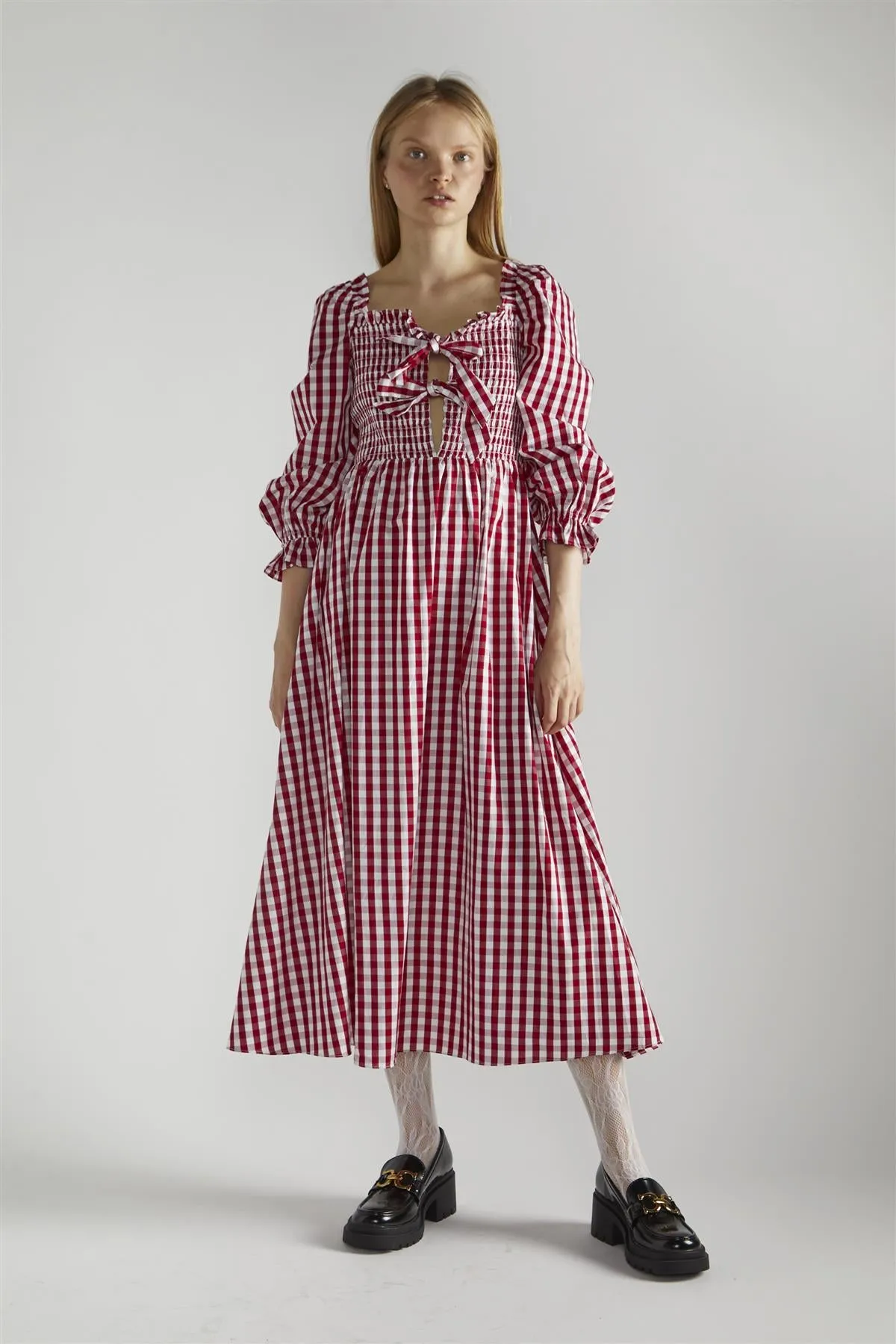 Cherry-Red-Gingham Front-Tie-V-Neck Midaxi-Dress sold by Glamorous