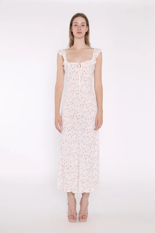 White-Base Floral Ruffle Neck Midaxi-Dress sold by Glamorous