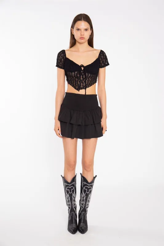 Black Lace Milkmaid Hanky hem-Top sold by Glamorous