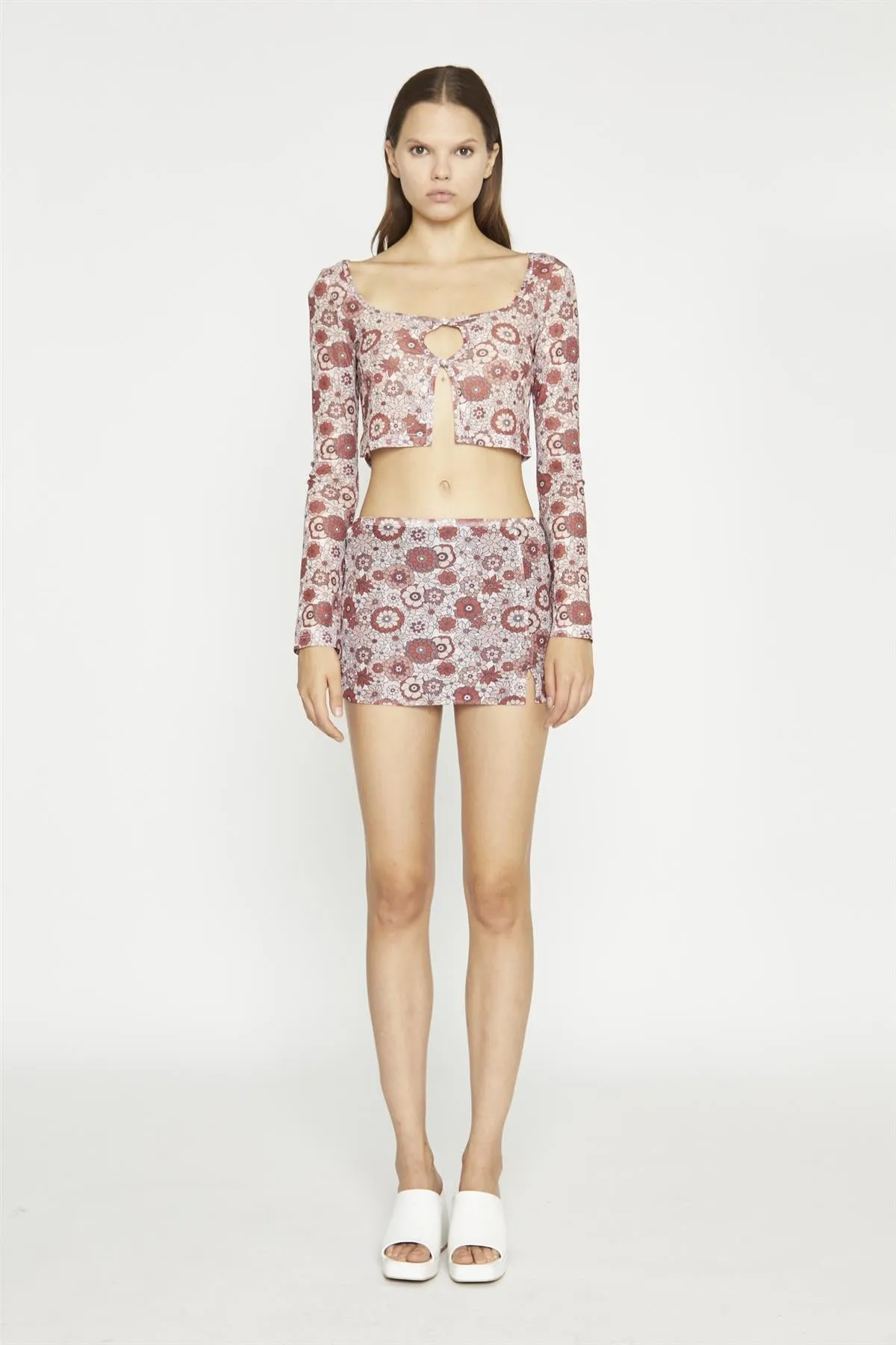 Nude Brown Vintage Floral Split Mini-Skirt sold by Glamorous