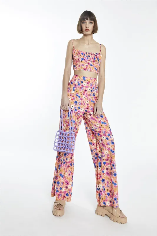 Multi Orange Floral High-Waist Loose-Trousers sold by Glamorous