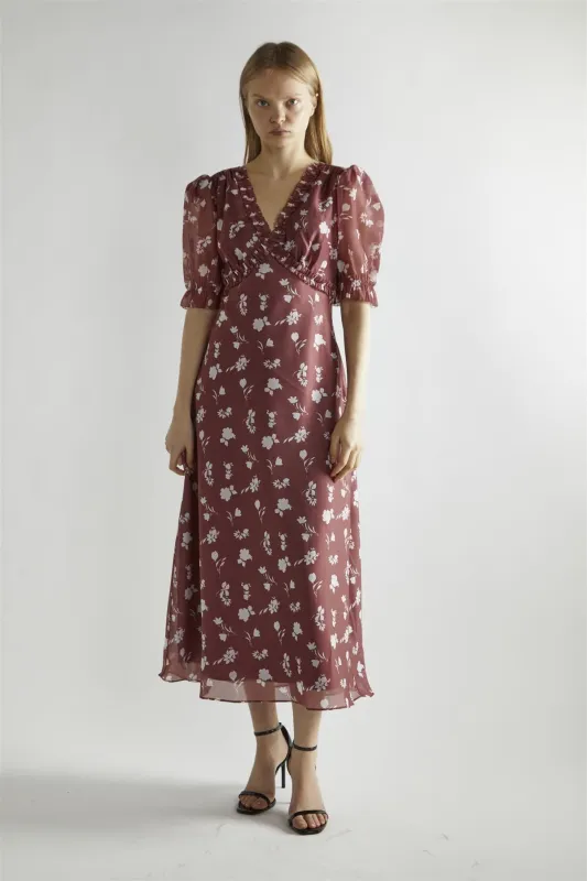 Burgundy-Floral Organza V-Neck Midaxi-Dress sold by Glamorous