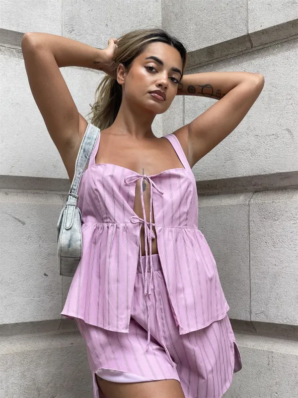 Pink Vertical-Stripe Side Split Shorts sold by Glamorous