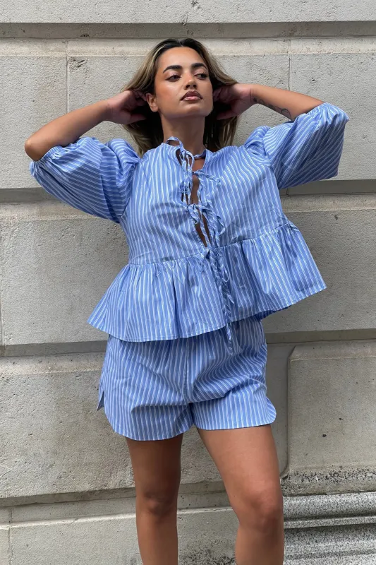 Blue-Stripe Side Split Shorts made by Glamorous