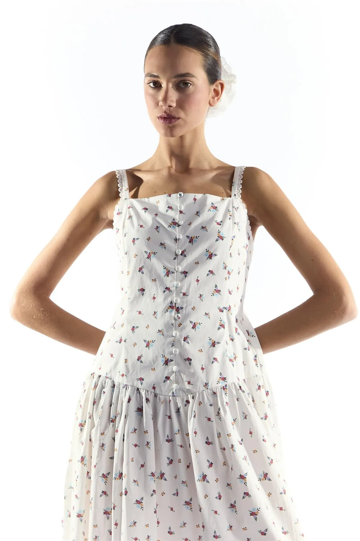 Dropped Waist Midi Dress with Trim in White Floral Colour sold by Glamorous product image thumbnail 3