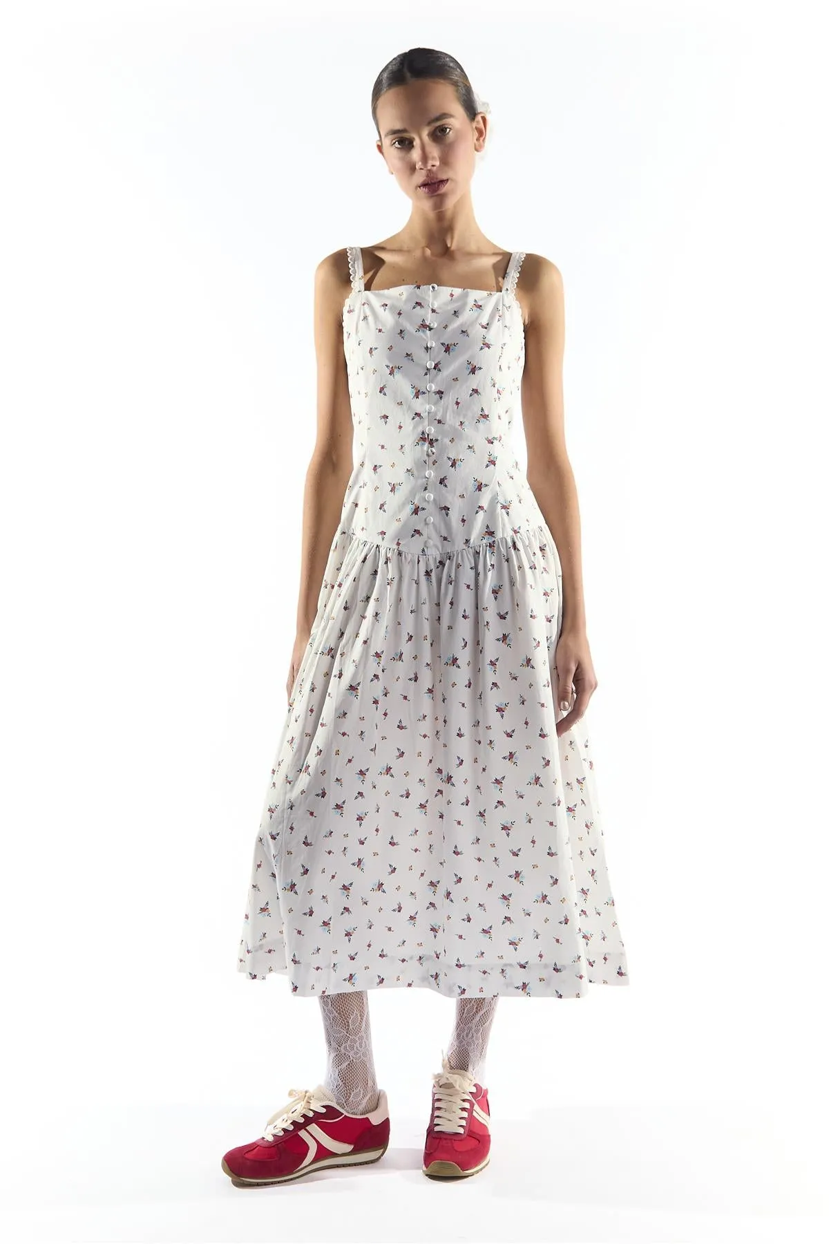 Dropped Waist Midi Dress with Trim in White Floral Colour sold by Glamorous