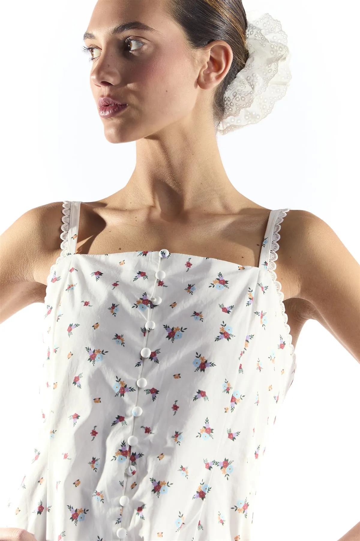 Dropped Waist Midi Dress with Trim in White Floral Colour sold by Glamorous product image thumbnail 2