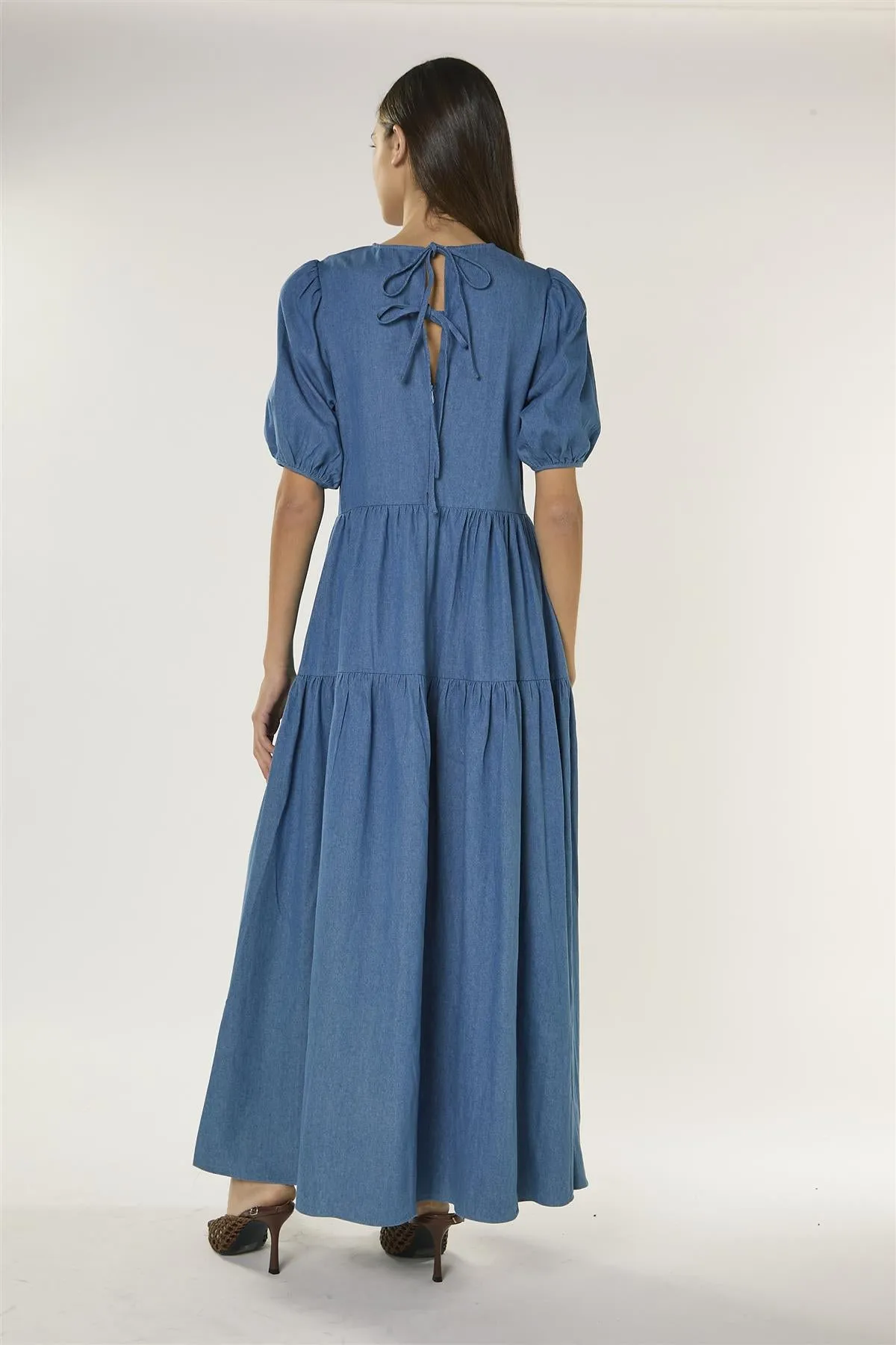 Washed Blue Tiered Maxi Dress with Puff Sleeves sold by Glamorous product image thumbnail 4