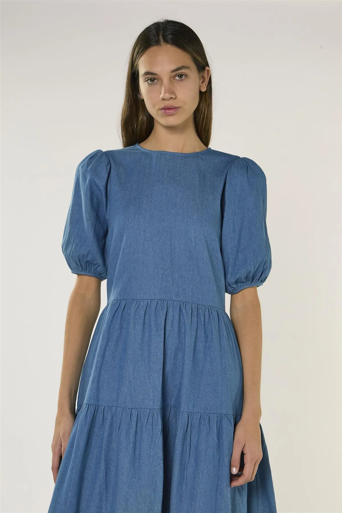 Washed Blue Tiered Maxi Dress with Puff Sleeves sold by Glamorous