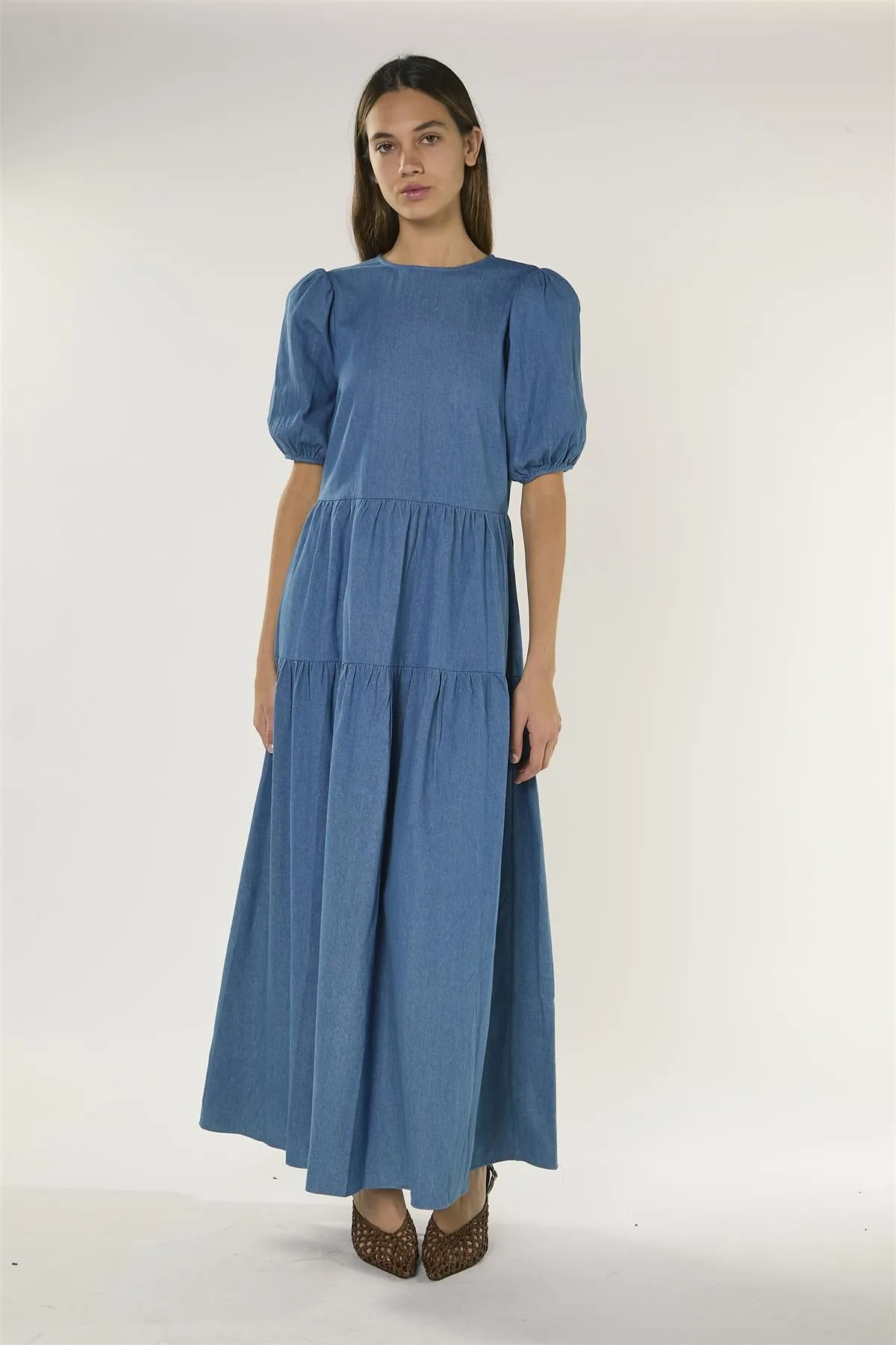 Washed Blue Tiered Maxi Dress with Puff Sleeves sold by Glamorous product image thumbnail 2