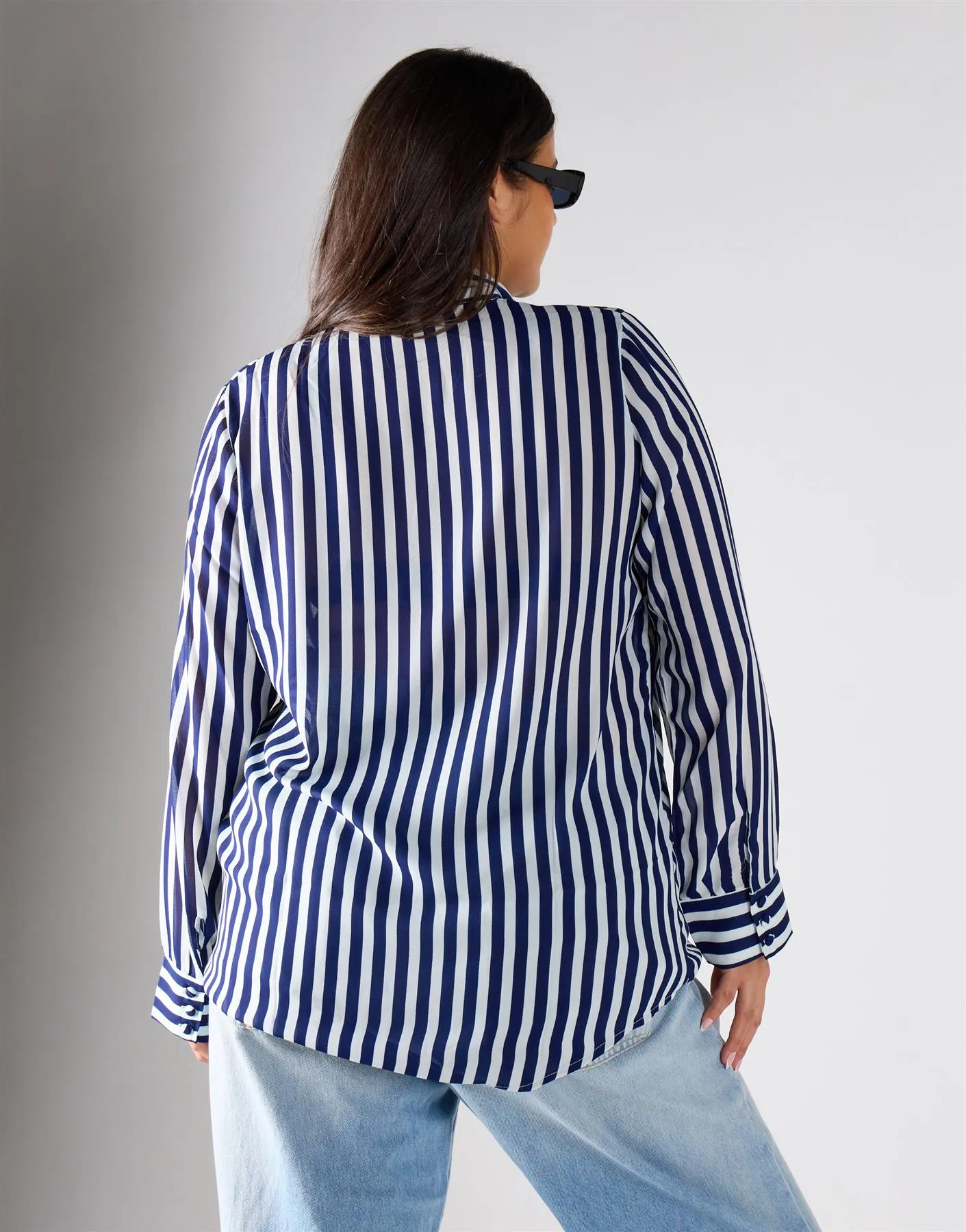 Glamorous Curve Navy Cream Stripe Bow-Collar Blouse sold by Glamorous product image thumbnail 5