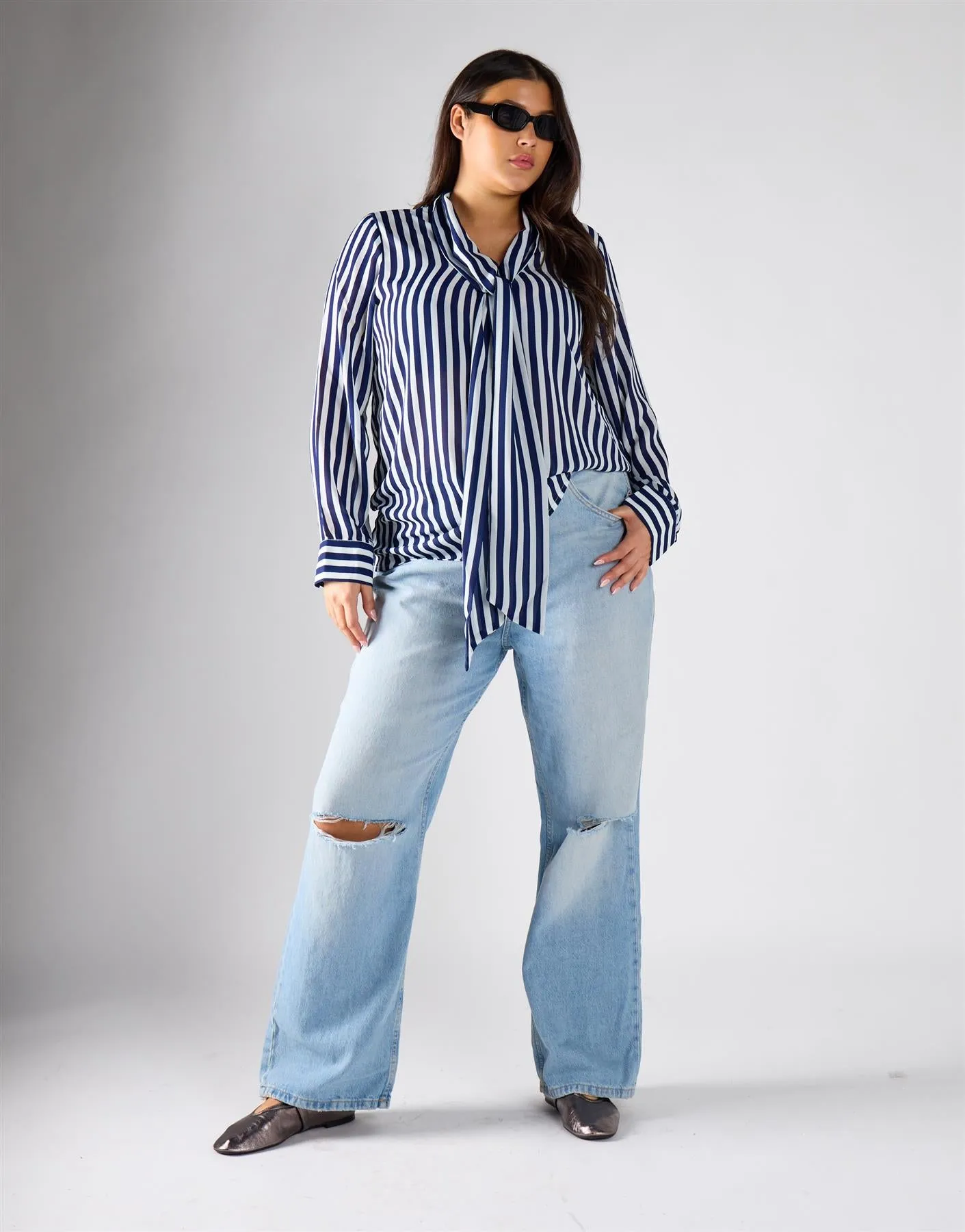 Glamorous Curve Navy Cream Stripe Bow-Collar Blouse sold by Glamorous product image thumbnail 2