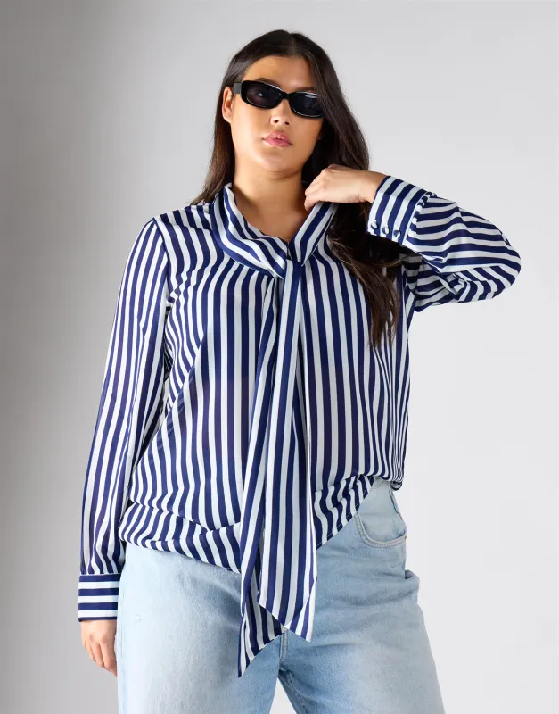 Glamorous Curve Navy Cream Stripe Bow-Collar Blouse sold by Glamorous