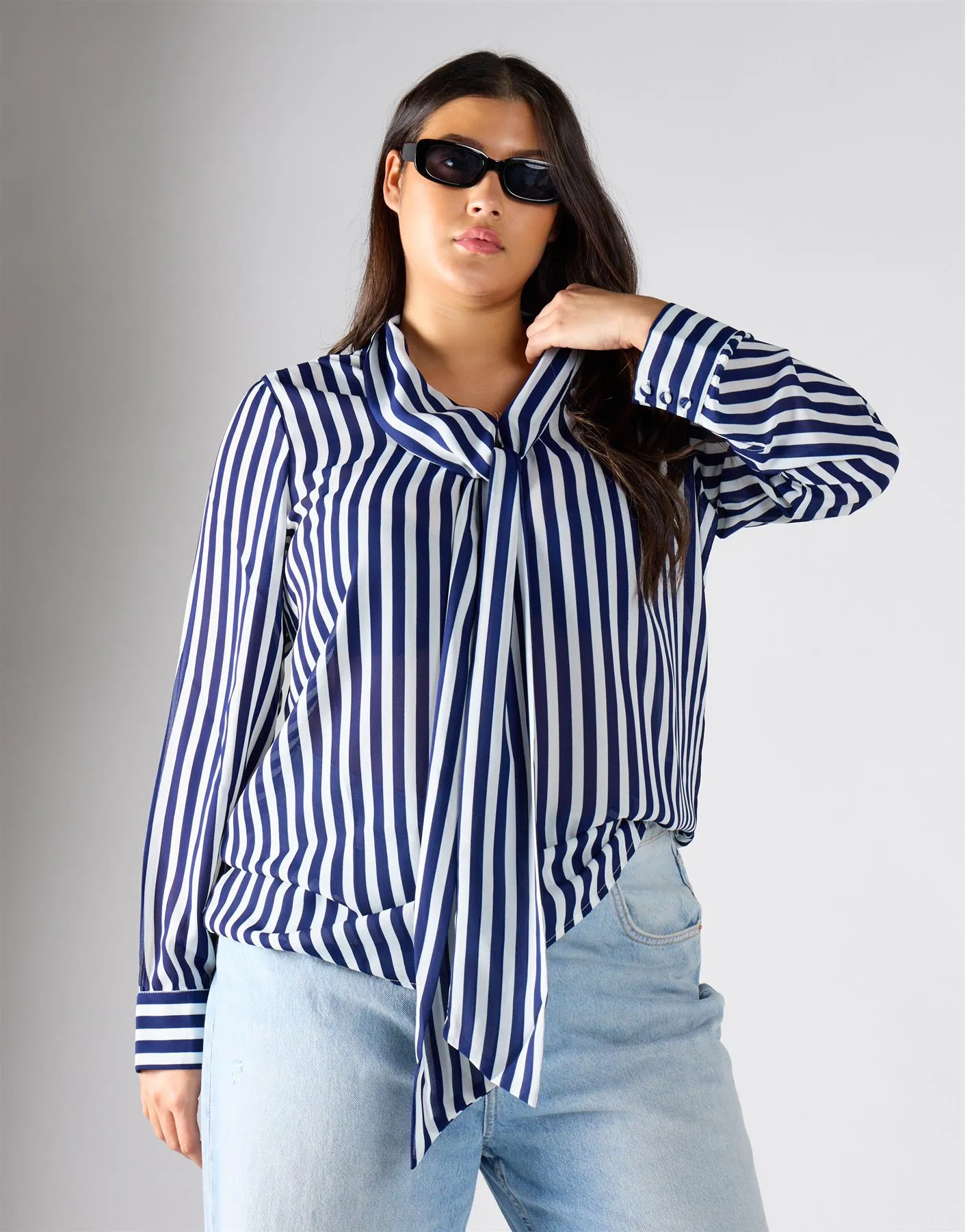 Glamorous Curve Navy Cream Stripe Bow-Collar Blouse sold by Glamorous