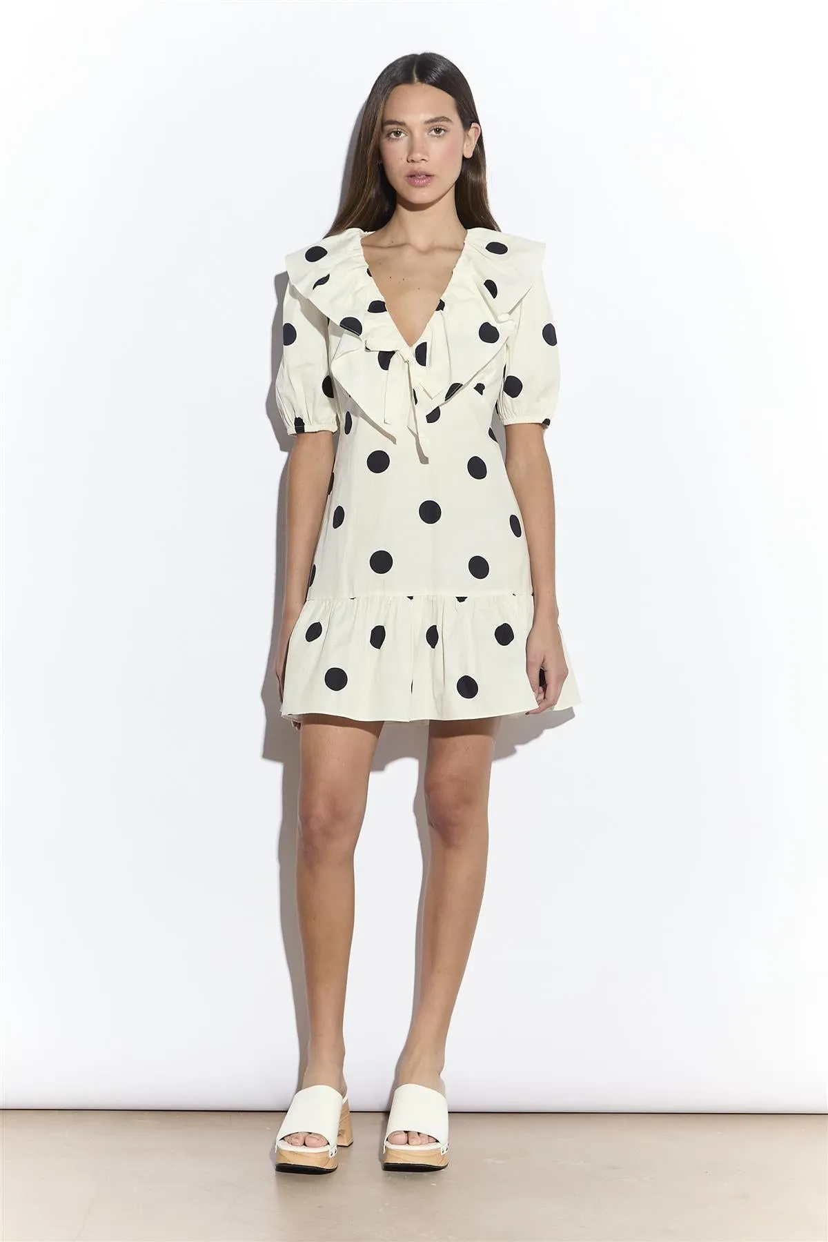 Cream Spot Ruffle Mini Dress with Puff Sleeve sold by Glamorous