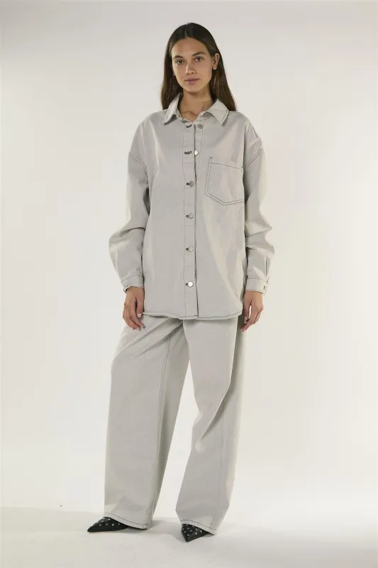 Light Grey Long Sleeve Denim Shirt with Snap On Buttons made by Glamorous
