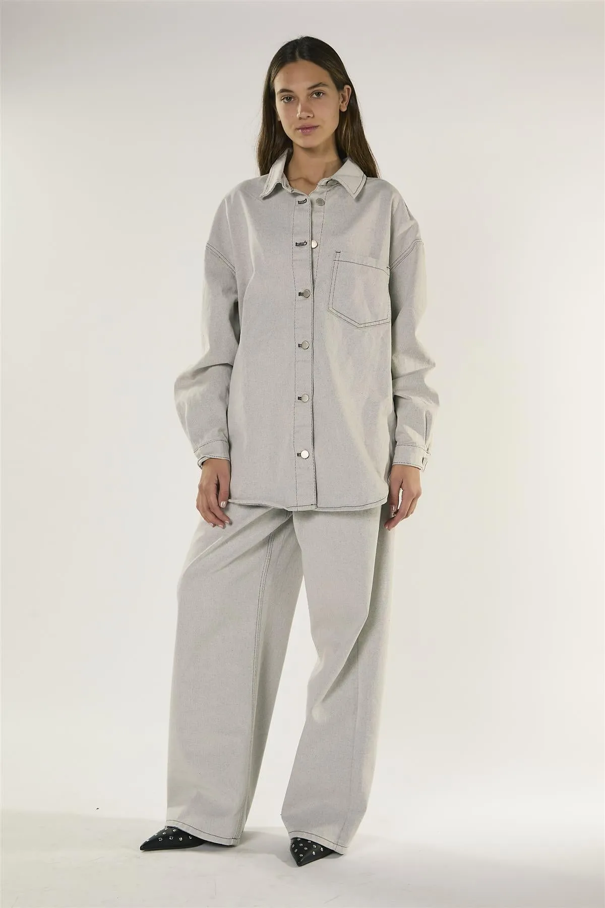 Light Grey Long Sleeve Denim Shirt with Snap On Buttons sold by Glamorous