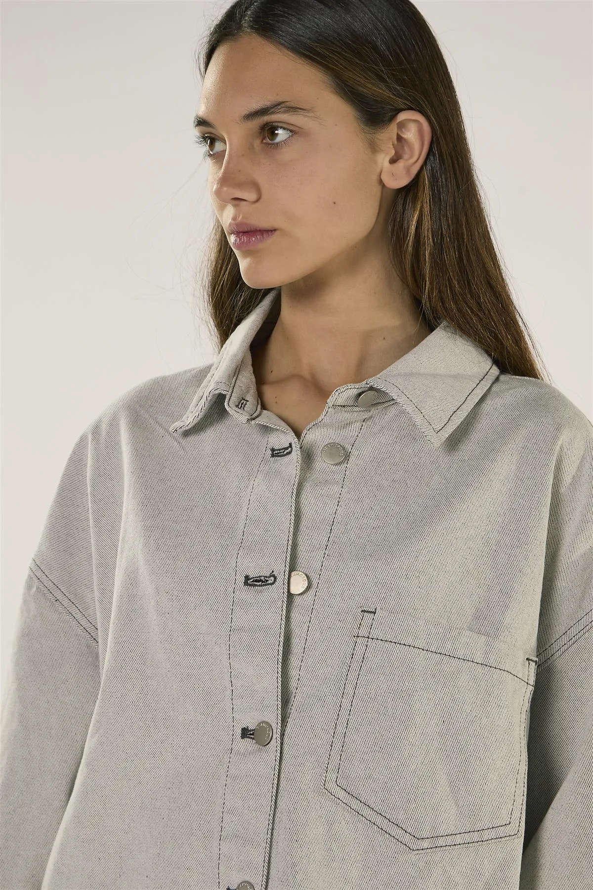 Light Grey Long Sleeve Denim Shirt with Snap On Buttons sold by Glamorous product image thumbnail 2