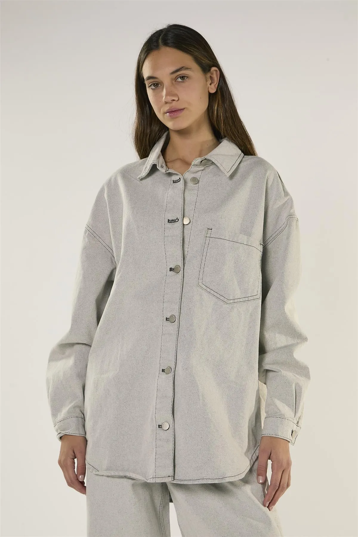 Light Grey Long Sleeve Denim Shirt with Snap On Buttons sold by Glamorous product image thumbnail 3
