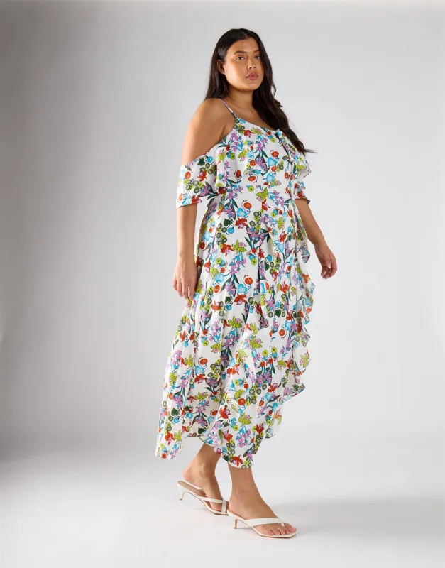 Glamorous Curve Bardot Multi Floral Strap Ruffle Dress made by Glamorous