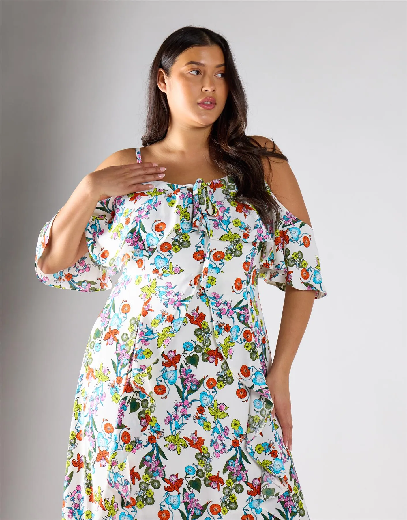 Glamorous Curve Bardot Multi Floral Strap Ruffle Dress sold by Glamorous product image thumbnail 2